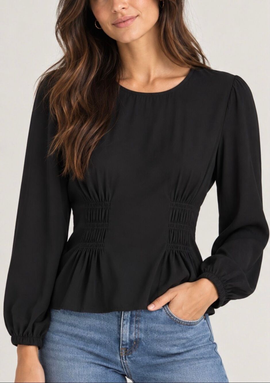 J.Crew black shirred waist long sleeve blouse 6